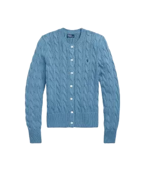 Cable-knit Cotton Crewneck Cardigan - Blue