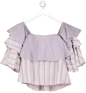 Caroline Constas Blue Off The Shoulder Tiered Ruffle Top UK S