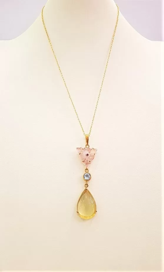 Carved Rose Quartz with Blue Topaz and Lemon Quartz Terra Firma Pendant