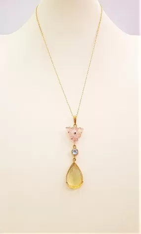 Carved Rose Quartz with Blue Topaz and Lemon Quartz Terra Firma Pendant