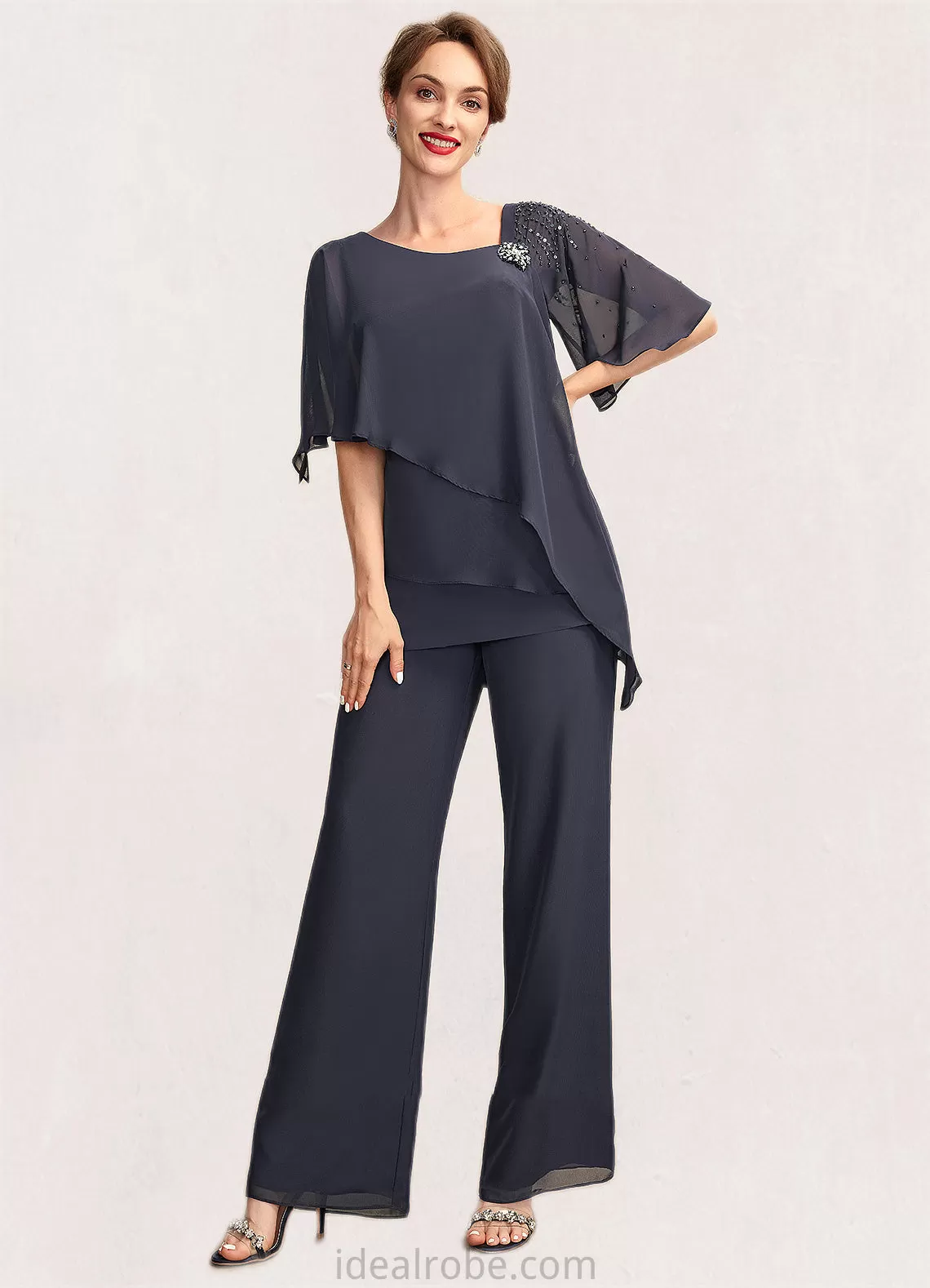 Cassidy Jumpsuit/Pantsuit V-neck Floor-Length Chiffon Mother of the Bride Dress With Beading Sequins Cascading Ruffles STK126P0015011