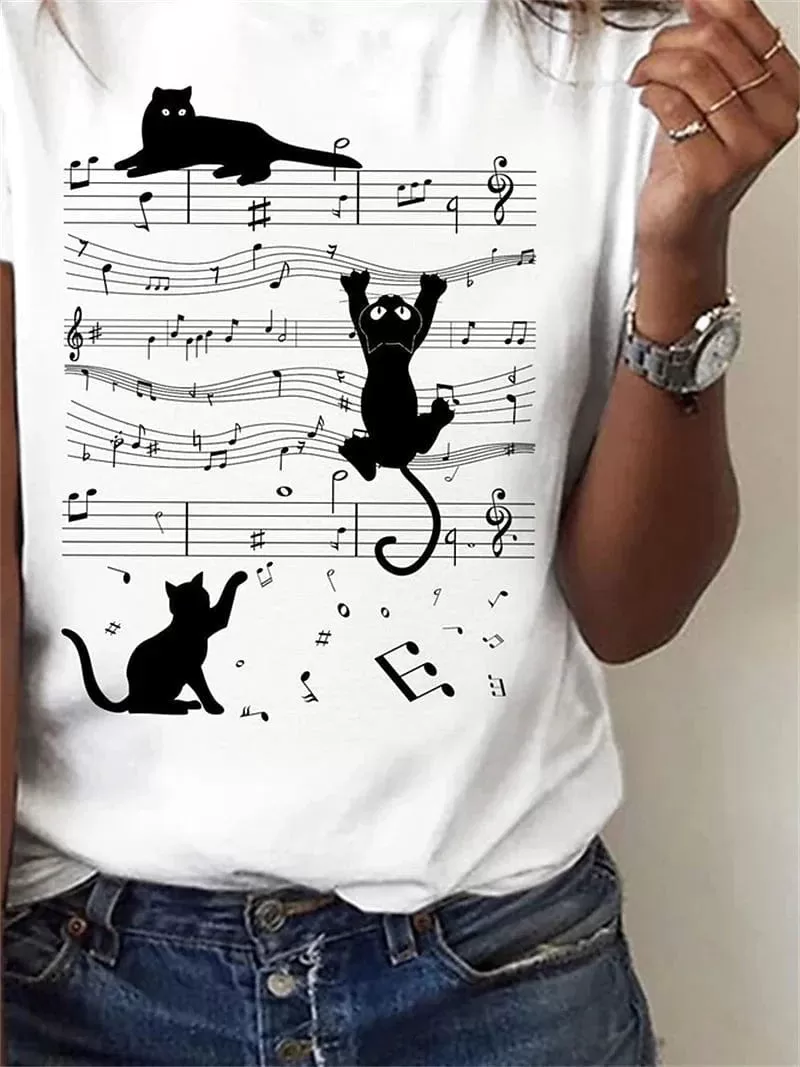 Cat Music Print Women's T-shirt