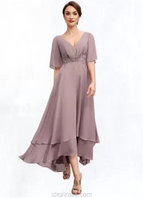 Chloe A-Line V-neck Asymmetrical Chiffon Mother of the Bride Dress With Ruffle Lace Beading STK126P0014839