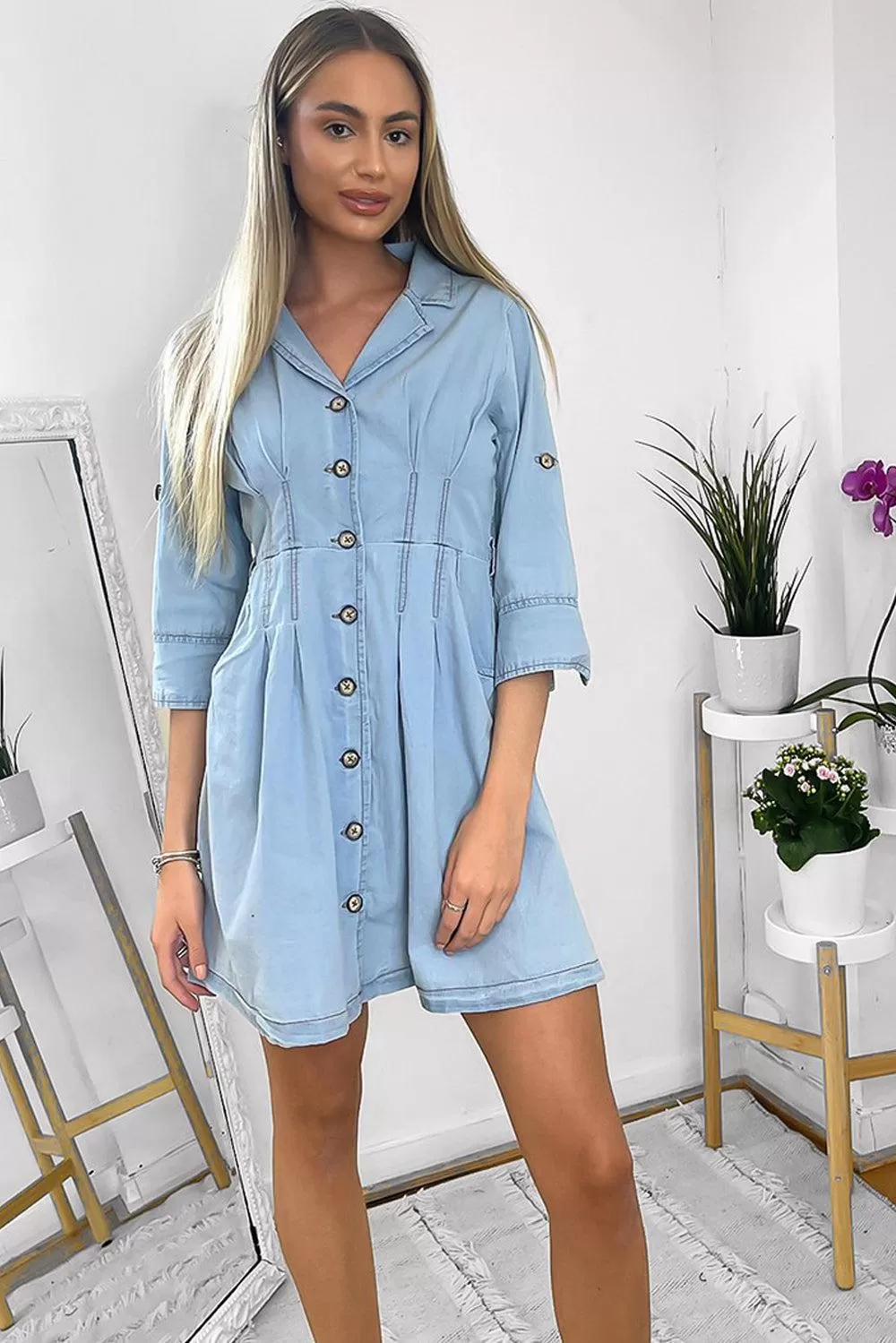 Cinched Waist Denim Shirt Dress