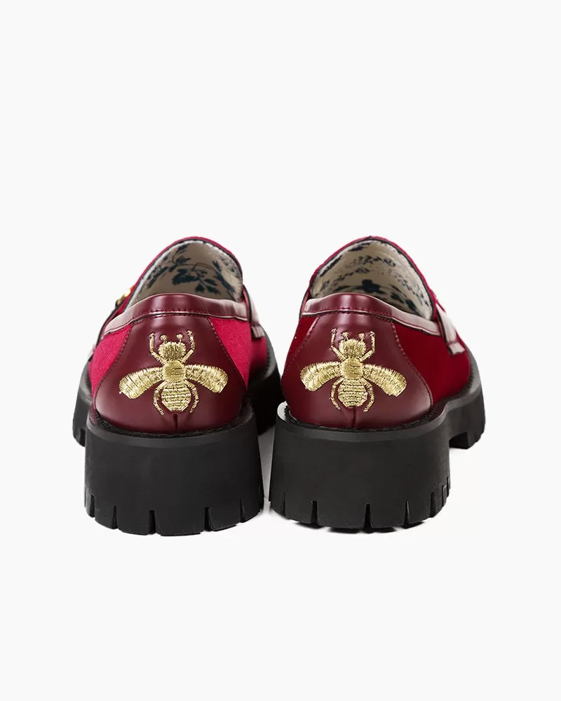 Classic Metal Buckle Bee Embroidery Velvet Mid Heel Platform Leather Loafers