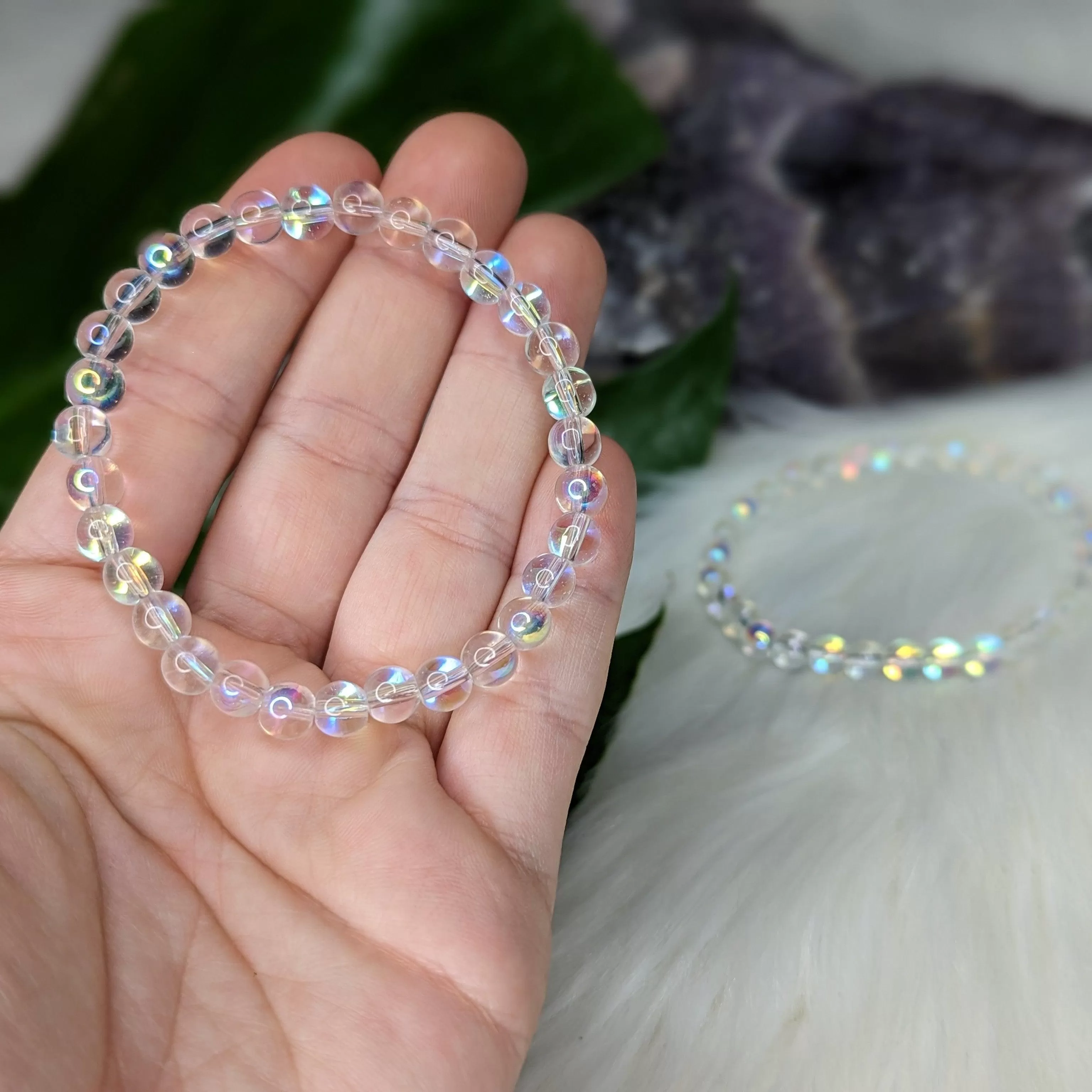 Clear Flash Mermaid Glass Stretch Bracelet ~ Rainbow Iridescent Glow