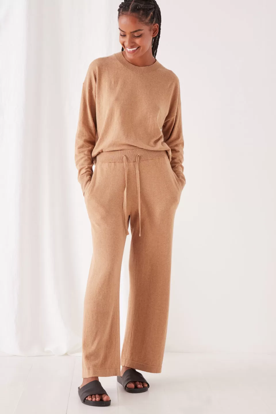 Cotton Cashmere Wide Leg Taupe Pant