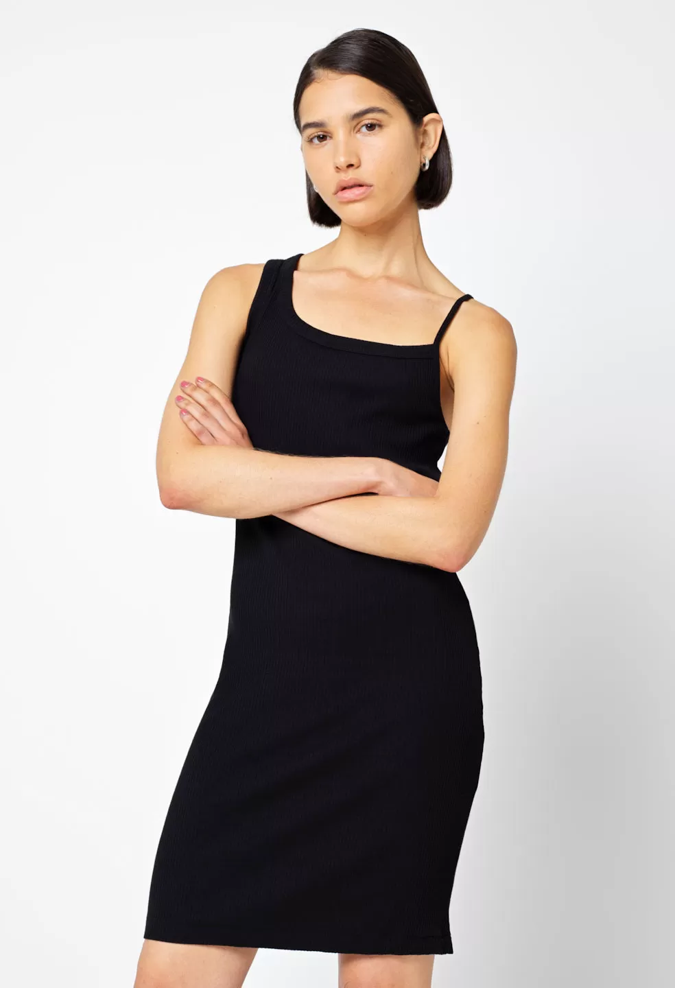 Cotton Rib Asymmetrical Cami Dress / Black