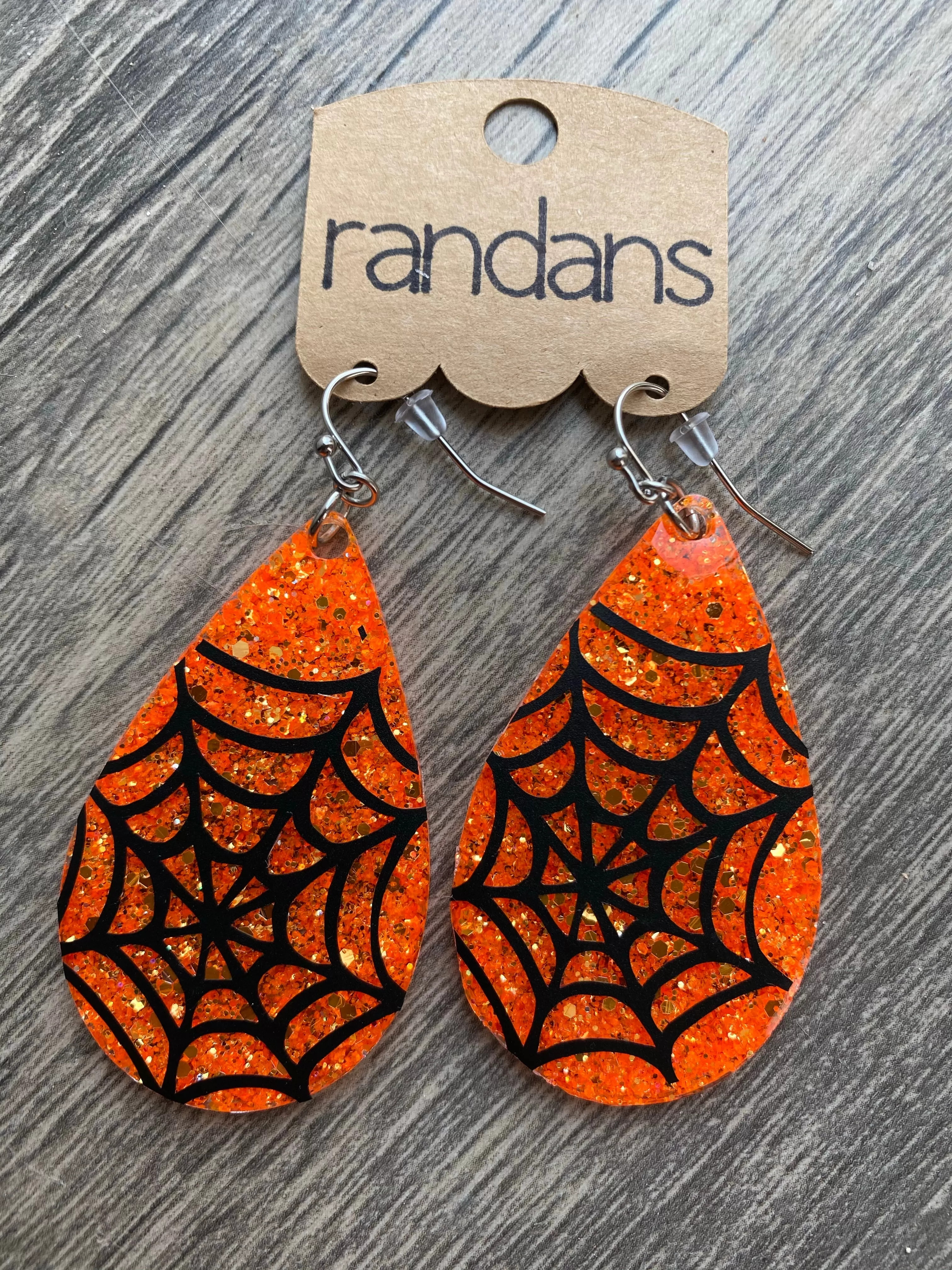 “Creepy Crawly” Orange Spiderweb Glitter Handcrafted Resin Earrings