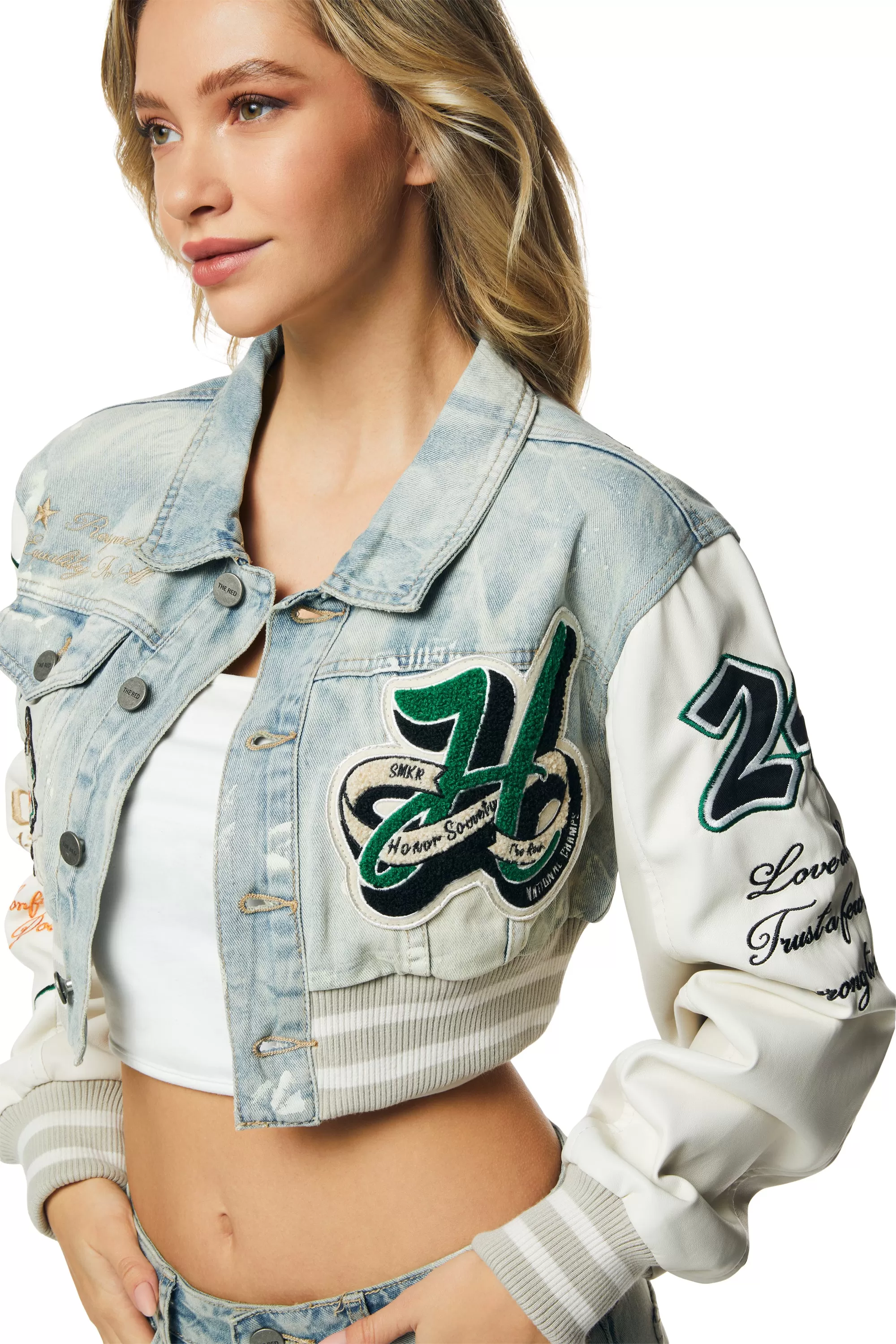 Cropped Varsity Jean Jacket - Leo Blue