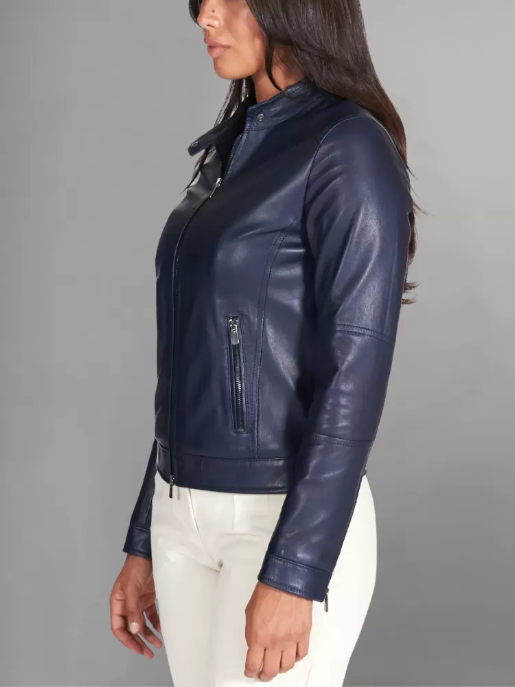 Custom Made Navy Blue Leather Motorcycle Jacket for Women