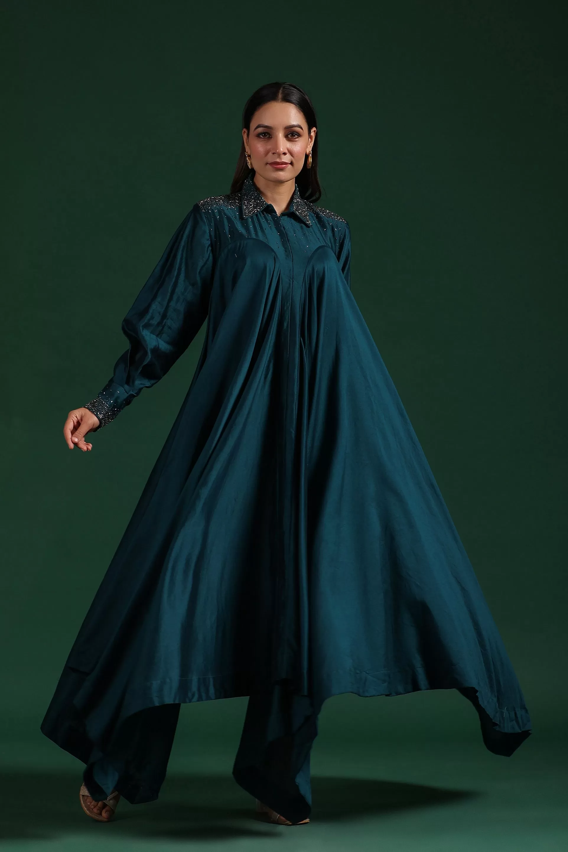 Dark Turquoise Blue Satin Chanderi Silk Dress