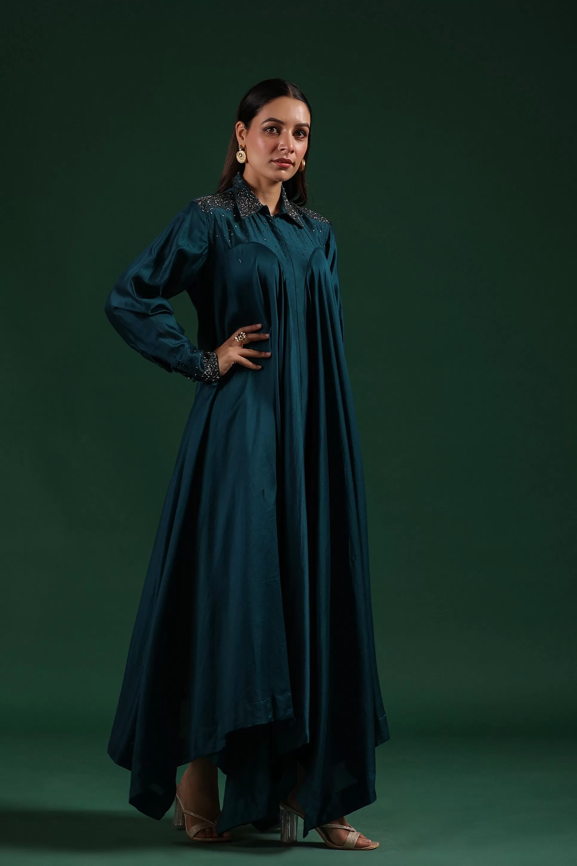 Dark Turquoise Blue Satin Chanderi Silk Dress