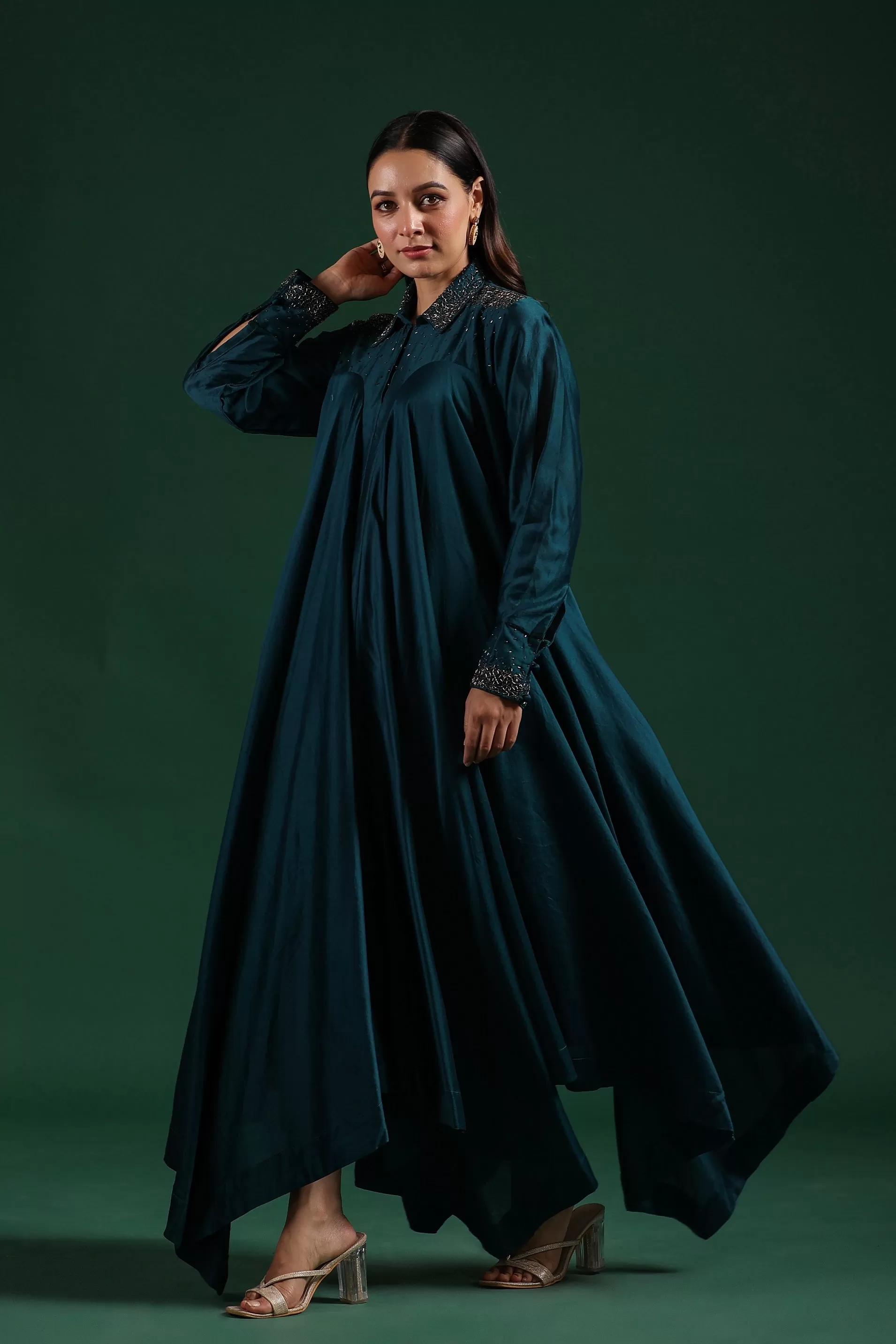 Dark Turquoise Blue Satin Chanderi Silk Dress