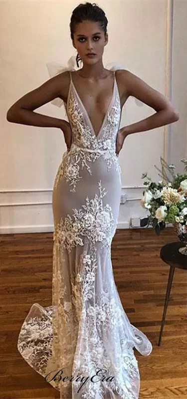 Deep V-neck Long Mermaid Lace Prom Dresses, Sexy Prom Dresses, Prom Dresses