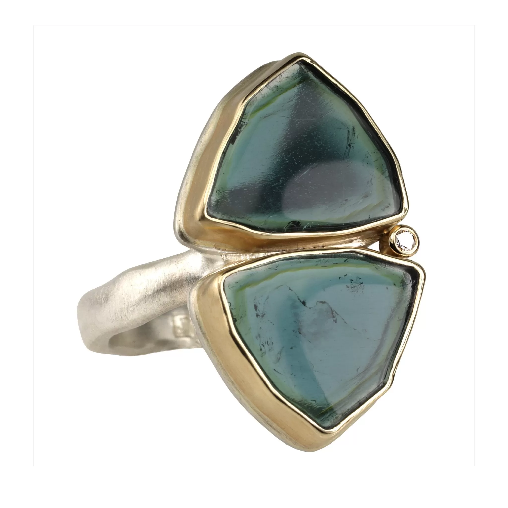 Double Smooth Blue-Green Tourmaline Slice Ring