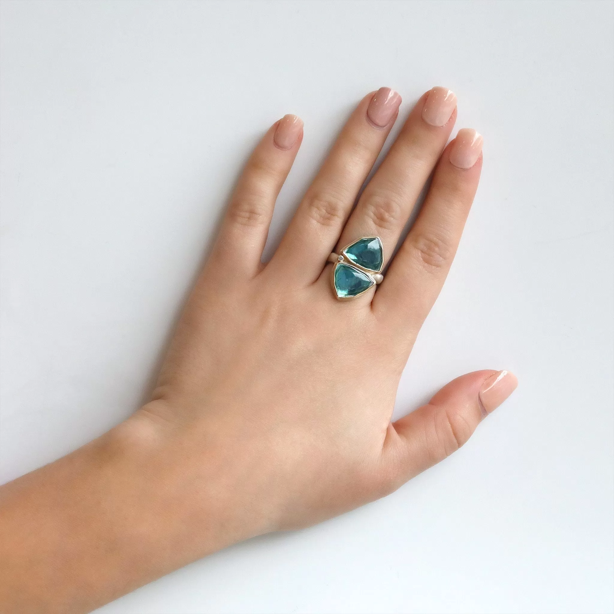 Double Smooth Blue-Green Tourmaline Slice Ring