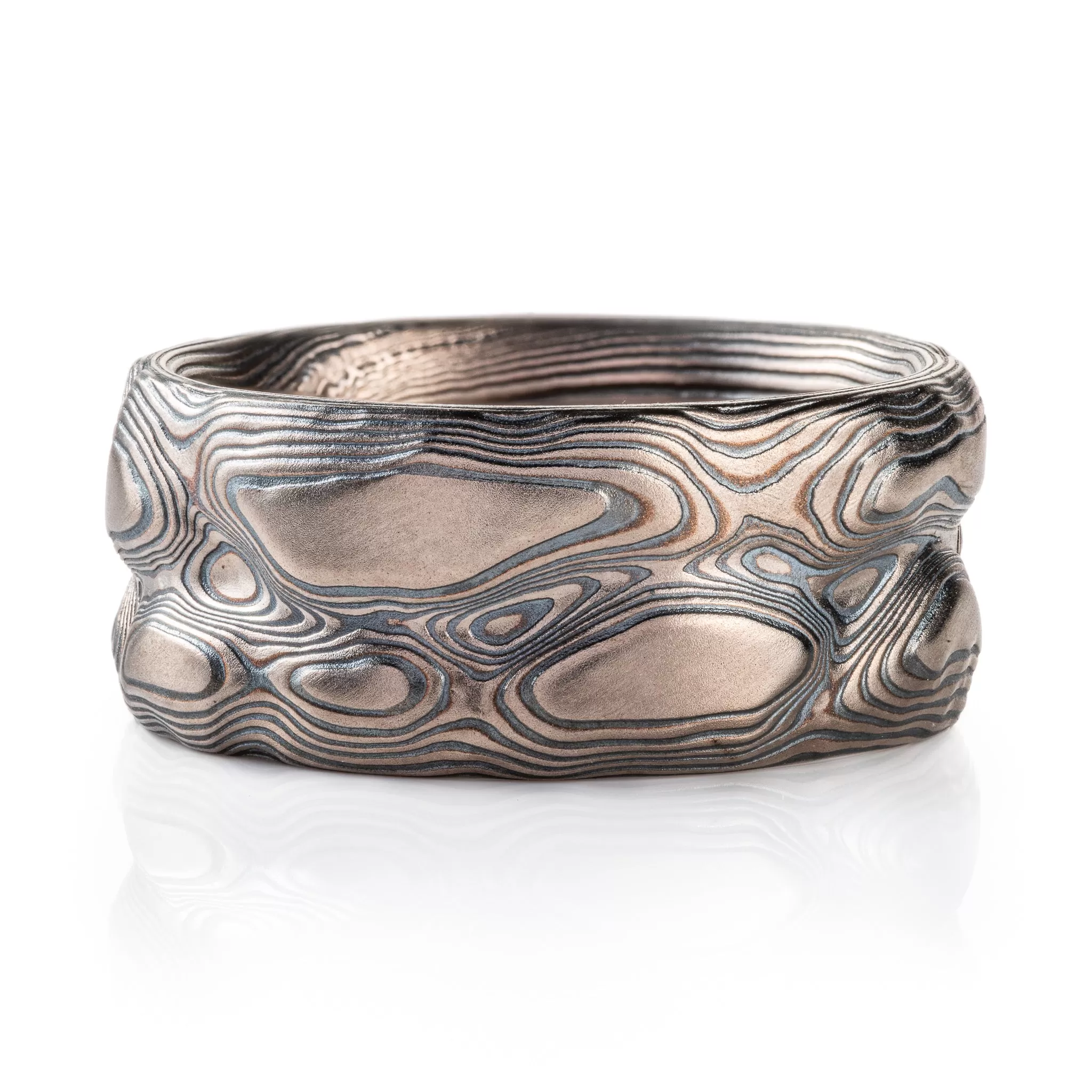 Dusky Mokume Gane Ring in Guri Bori Pattern and Oxidized Ash Palette