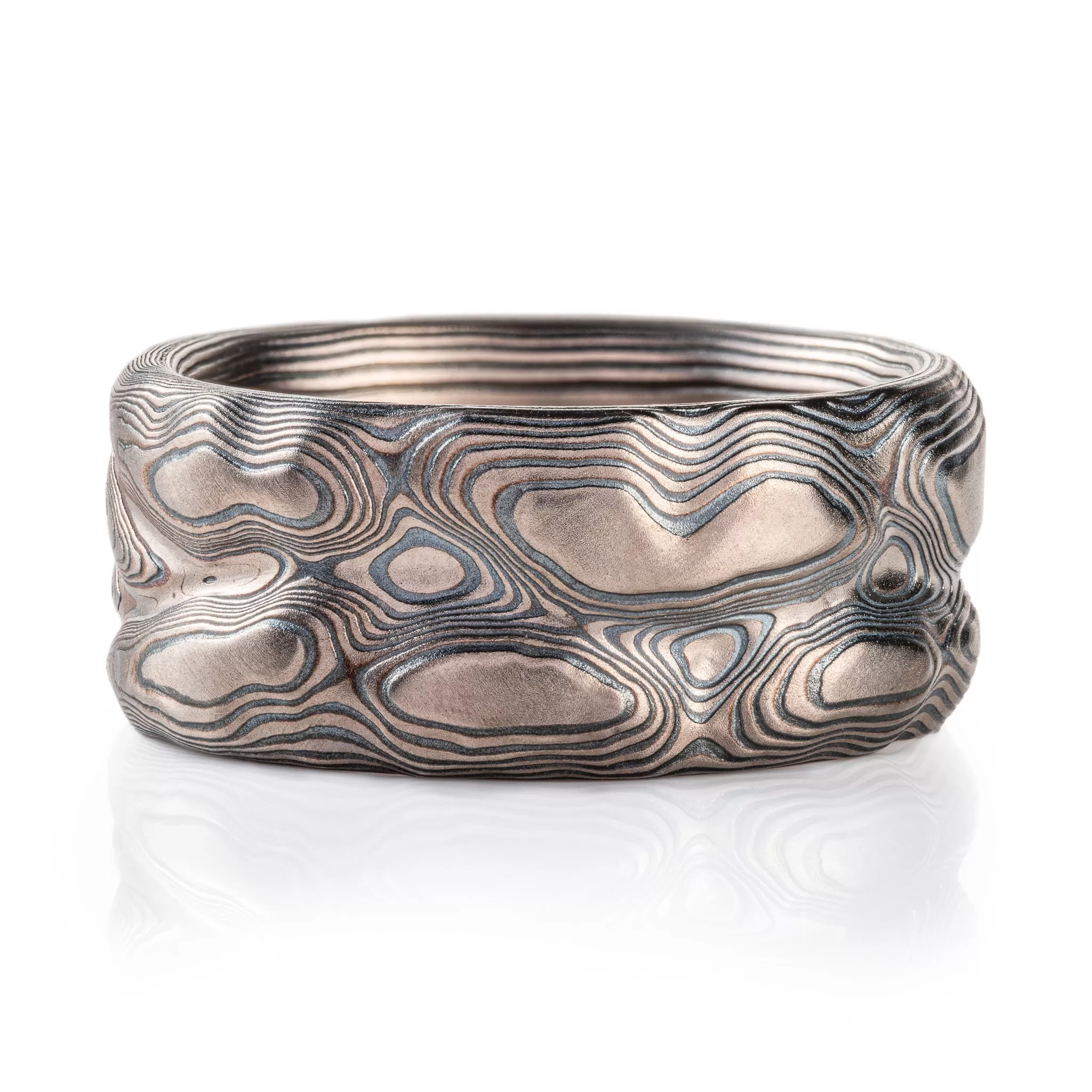 Dusky Mokume Gane Ring in Guri Bori Pattern and Oxidized Ash Palette