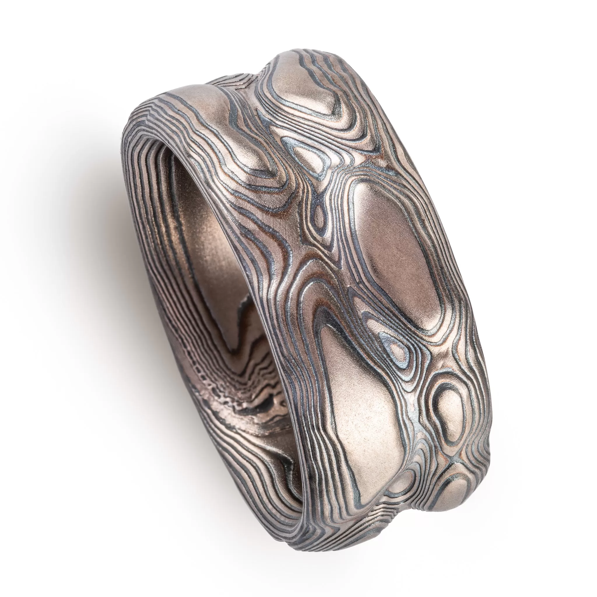 Dusky Mokume Gane Ring in Guri Bori Pattern and Oxidized Ash Palette