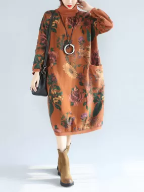 Floral Print High Collar Pocket Sweater Dress