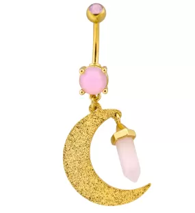 Gold PVD Crescent Moon Rose Quartz Dangle Stainless Steel Belly Button Ring