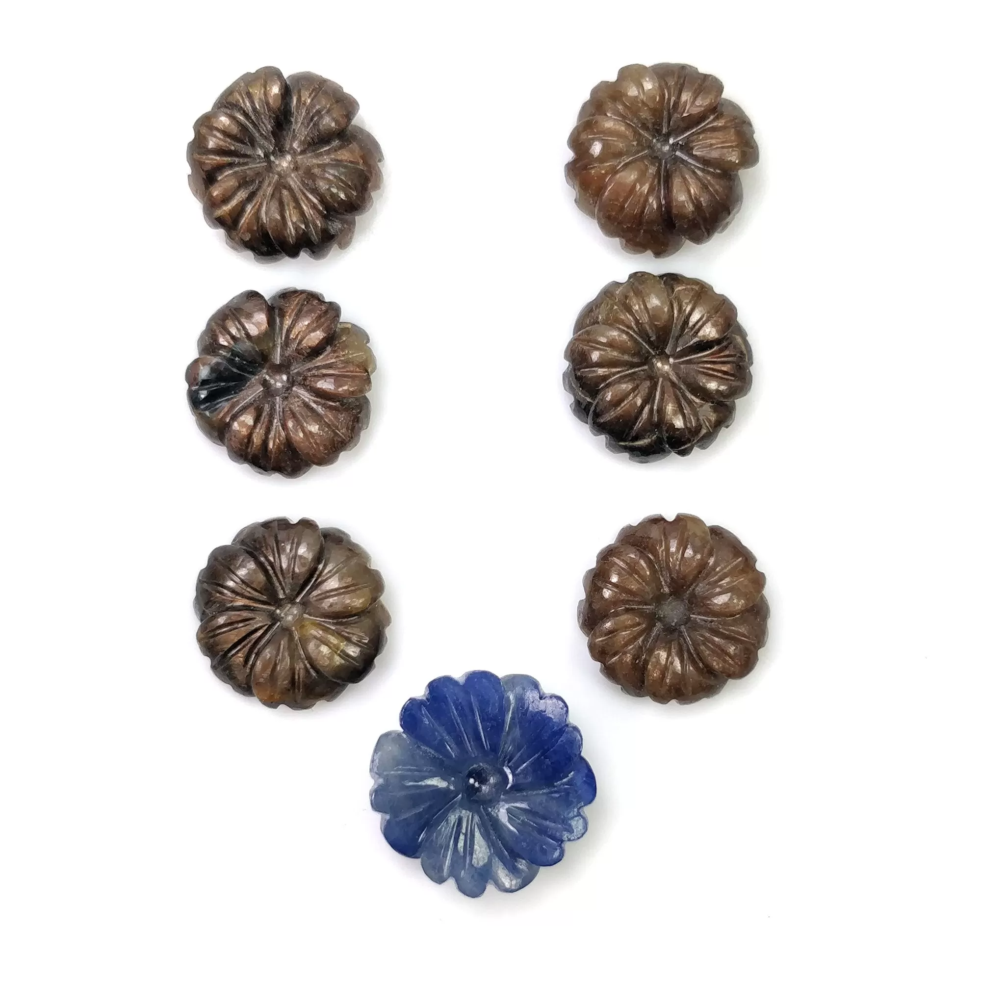 Golden Brown Chocolate Sheen SAPPHIRE Gemstone Carving : 44.30cts Natural Untreated Sapphire Hand Carved FLOWER 12mm - 14mm 7pcs