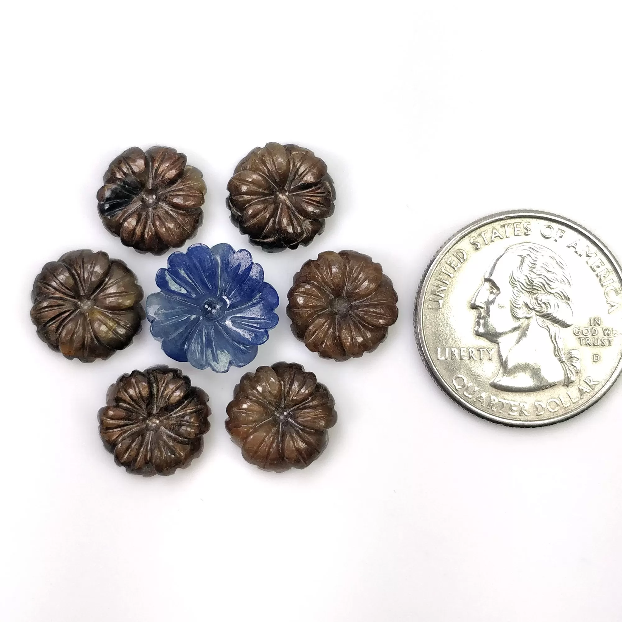 Golden Brown Chocolate Sheen SAPPHIRE Gemstone Carving : 44.30cts Natural Untreated Sapphire Hand Carved FLOWER 12mm - 14mm 7pcs