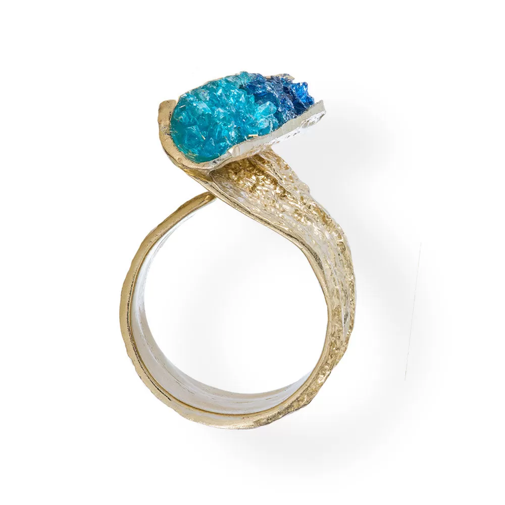 Handmade Gold Plated Ring Diamond Curved With Blue Crystals