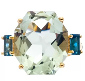 Iggy Ring Yellow Gold Green Amethyst London Blue Topaz