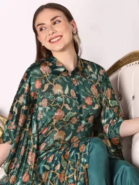 Ishin Women Green Floral Printed Asymmetric Kimono Sleeve Kaftan Kurta with Trousers