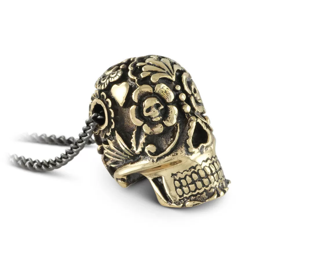 Large Day of the Dead Skull Necklace - Bronze