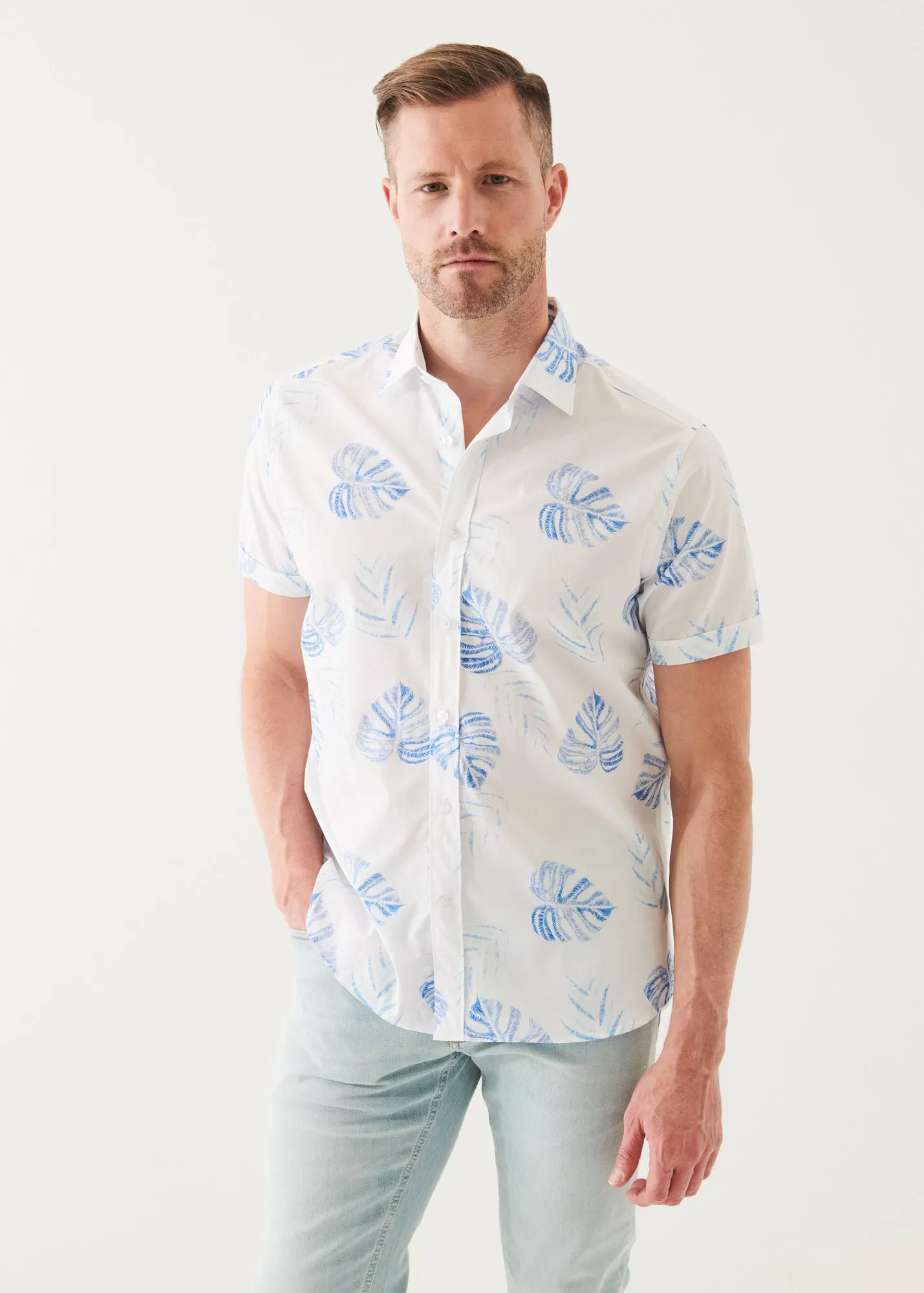 LEAF PRINT COTTON SHORT SLEEVE SHIRT