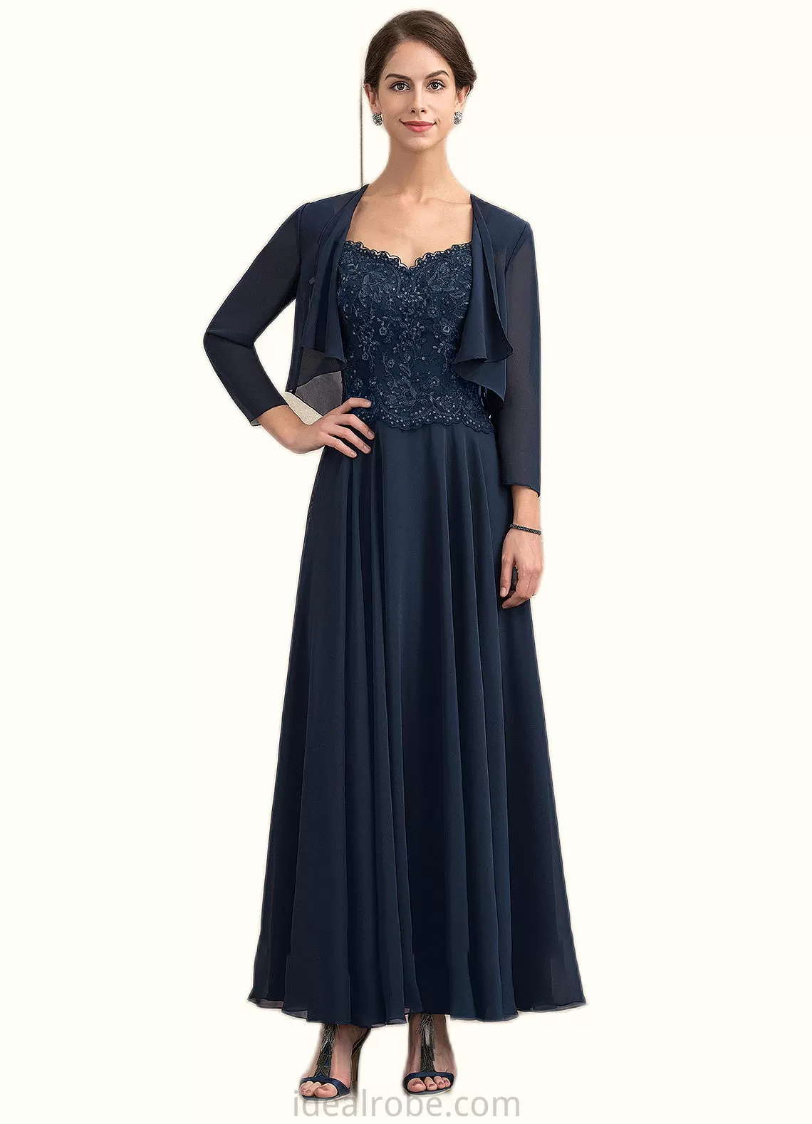 Leah A-line V-Neck Ankle-Length Chiffon Lace Mother of the Bride Dress With Sequins STK126P0014637