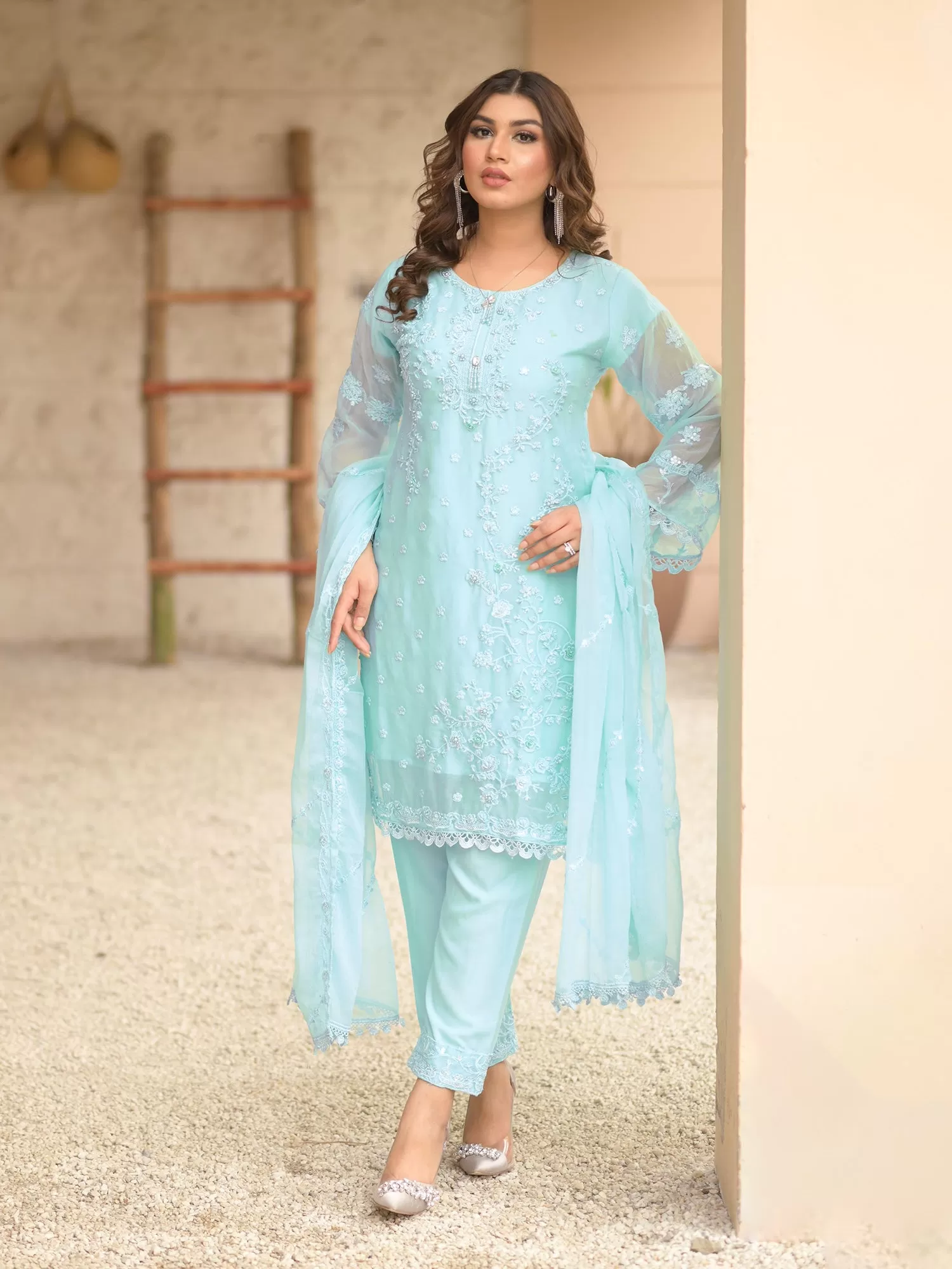 Light Blue Embroidered Chiffon 3-Piece Suit