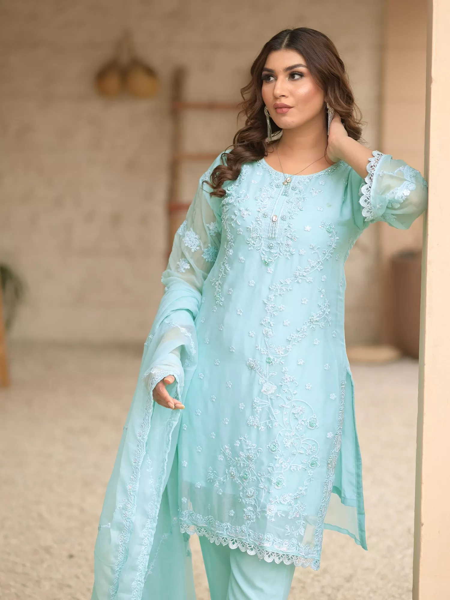 Light Blue Embroidered Chiffon 3-Piece Suit