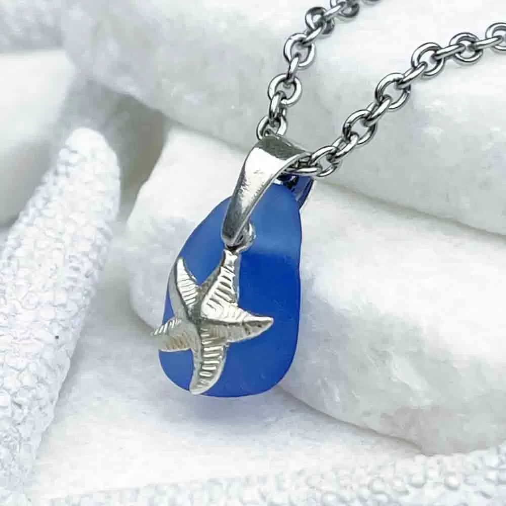 Light Cobalt Blue Sea Glass Pendant with Sterling Silver Sea Star Charm | 5240