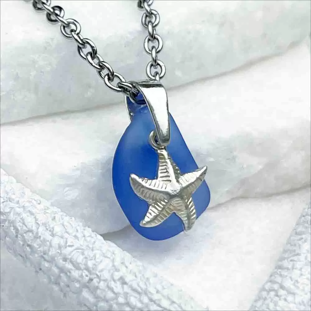 Light Cobalt Blue Sea Glass Pendant with Sterling Silver Sea Star Charm | 5240