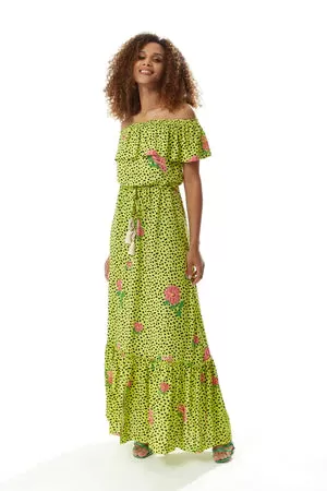 Liquorish Animal And Floral Print Off Shoulder Maxi Dress