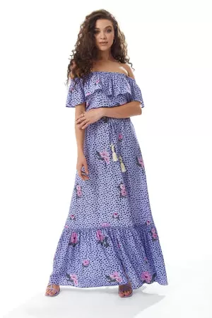 Liquorish Animal And Floral Print Off Shoulder Maxi Dress