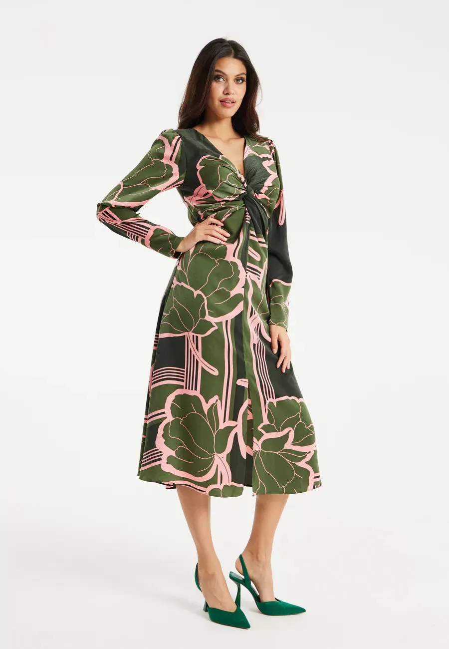 Liquorish Geometric Floral Knot Front Midi Dress