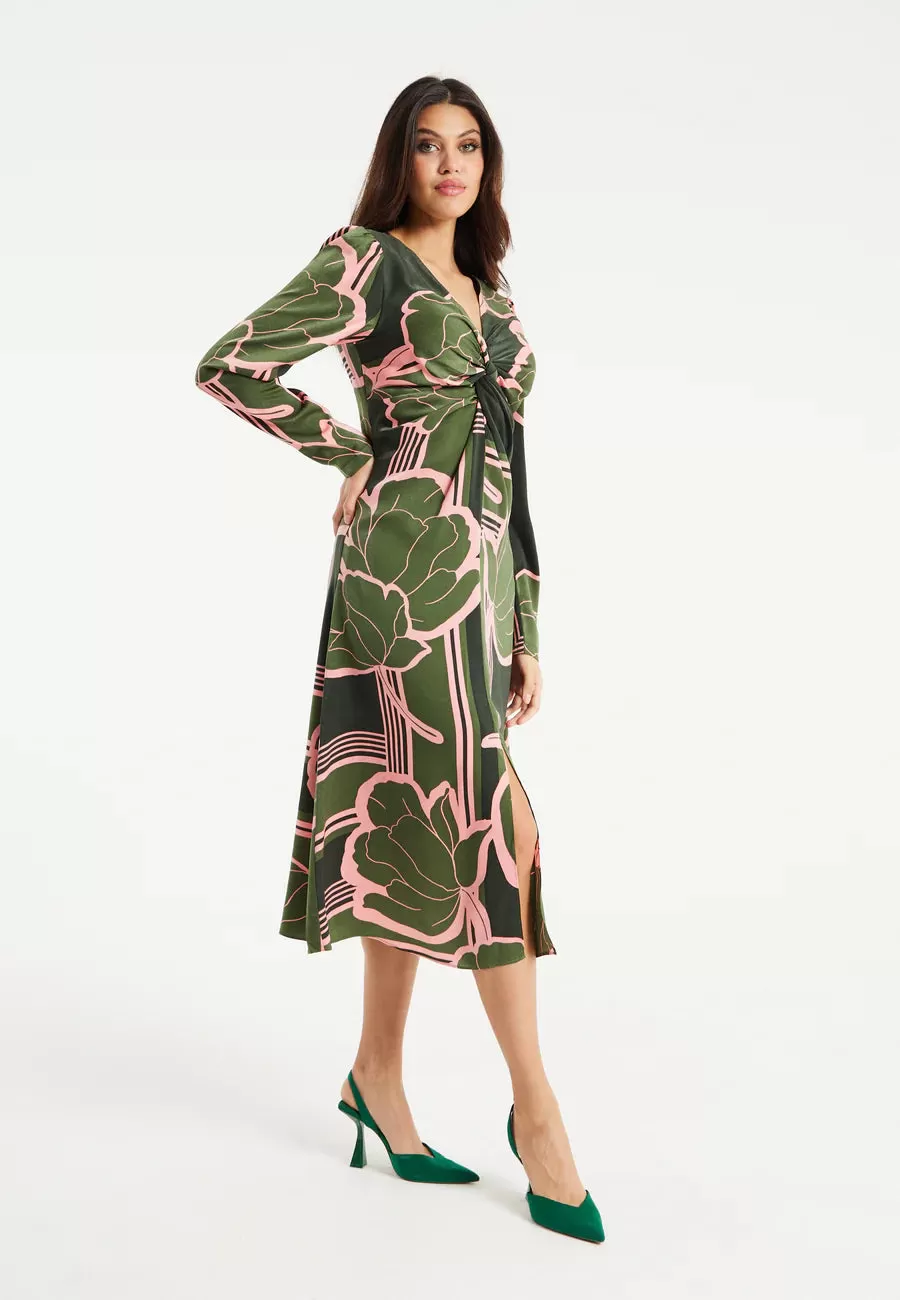 Liquorish Geometric Floral Knot Front Midi Dress