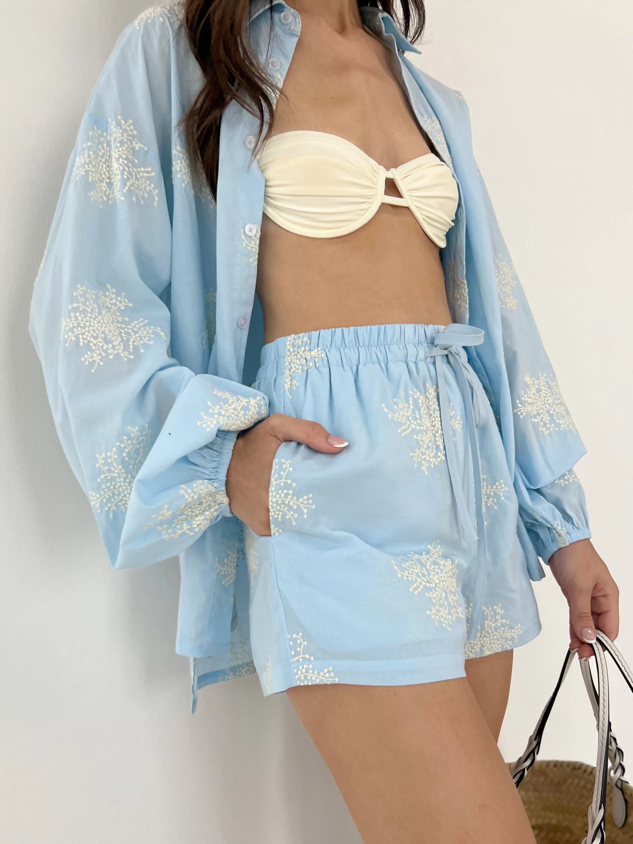 Loren Cotton Embroidered Shorts | Sky Blue