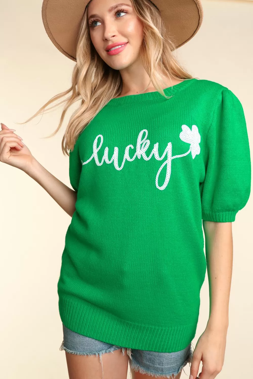 Lucky Shamrock Puff Sleeve Sweater