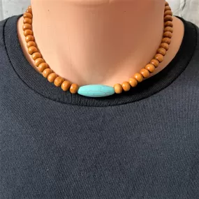 Mens Brown Wood and Turquoise Magnesite Beaded Necklace