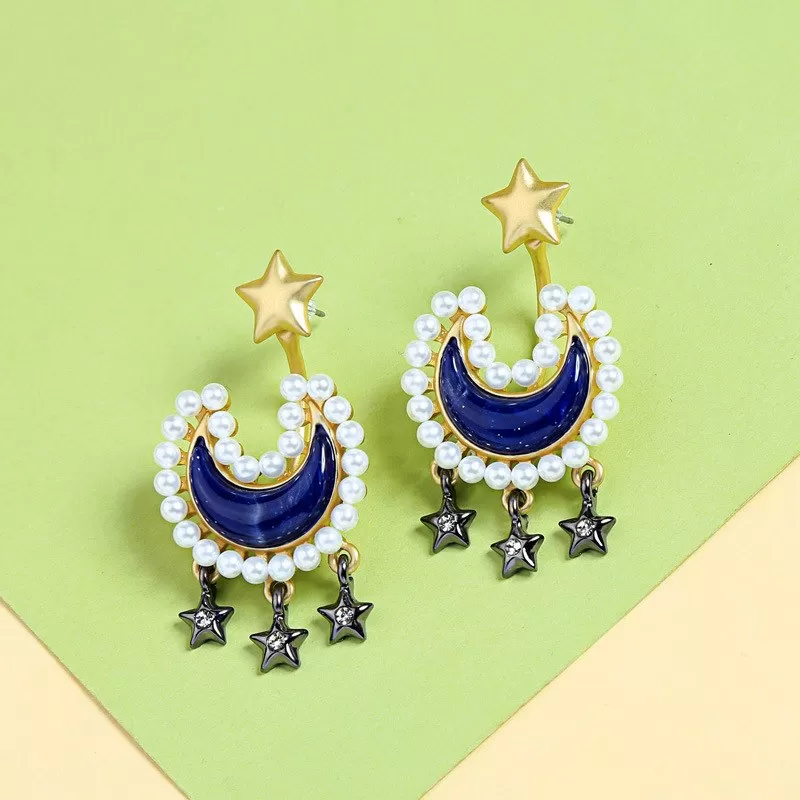 Moon & Stars Drop Bohemian Gold Color Stud Earrings