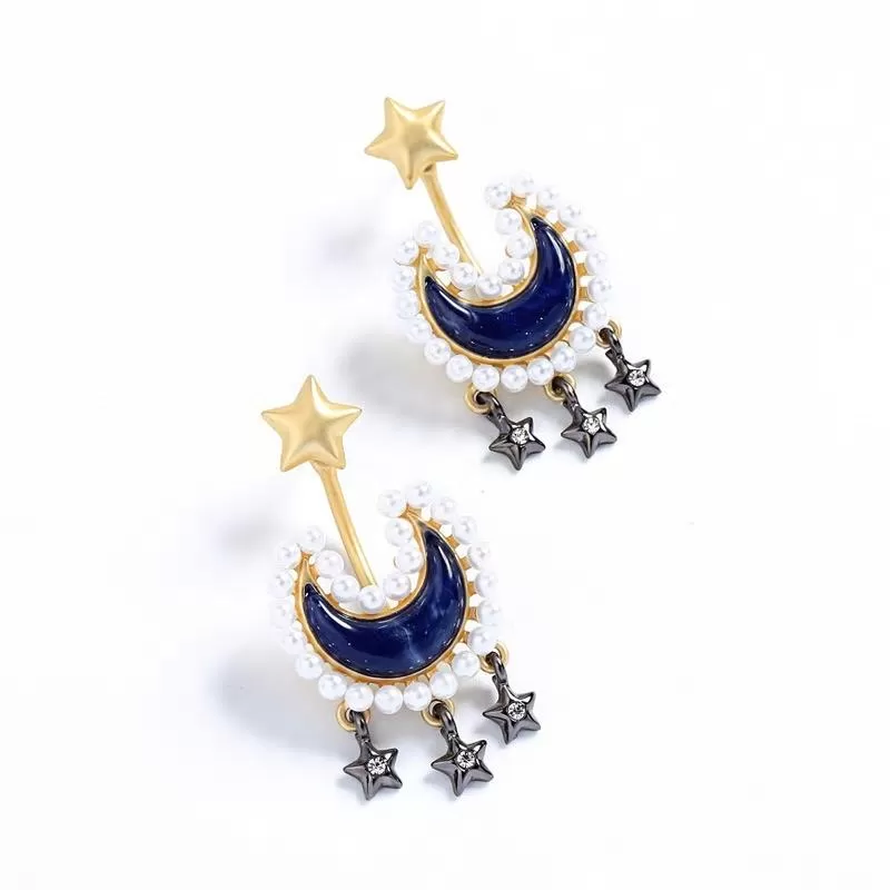 Moon & Stars Drop Bohemian Gold Color Stud Earrings