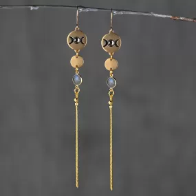 Moon Phase w Semi Precious & Gold Delicate Tassel Earrings