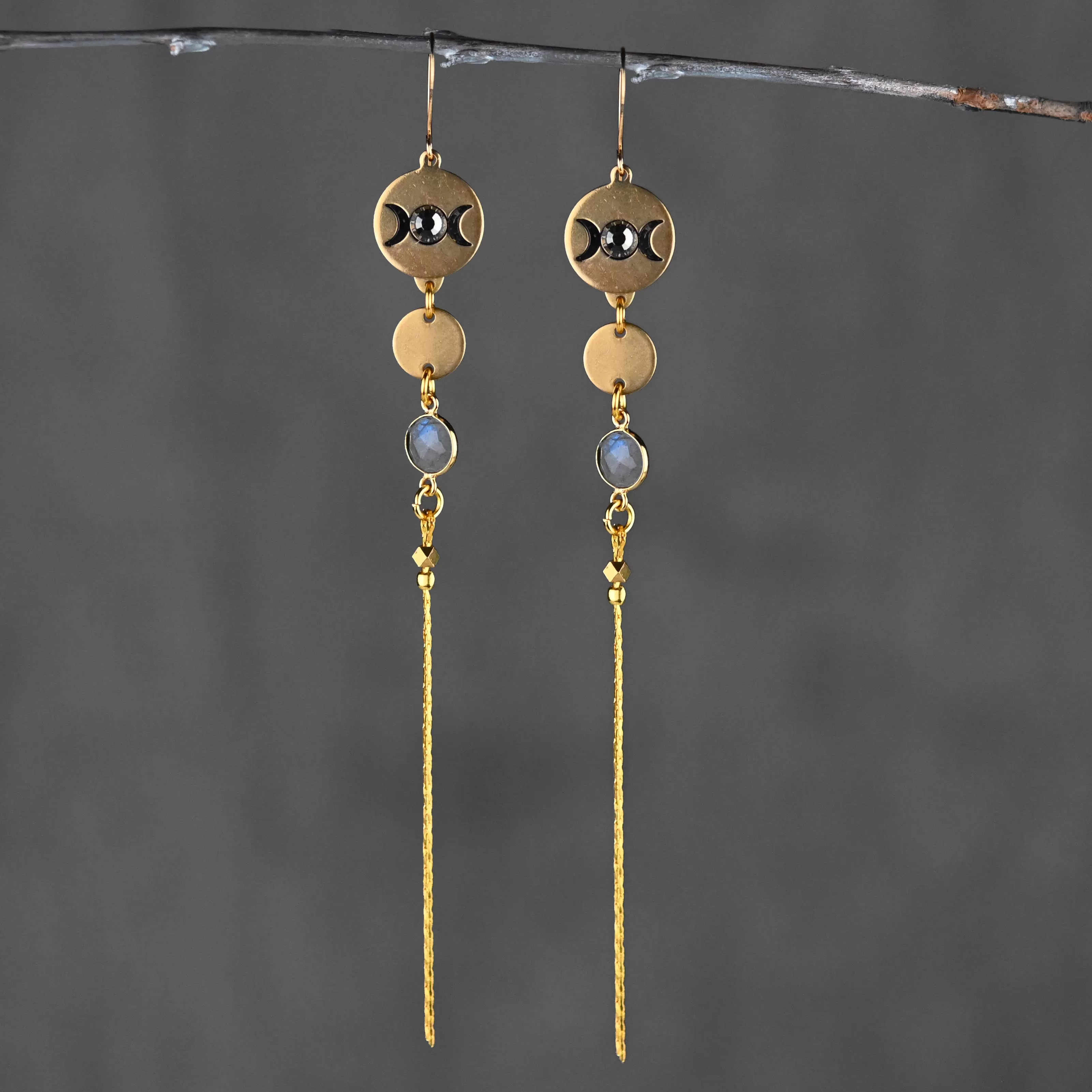 Moon Phase w Semi Precious & Gold Delicate Tassel Earrings