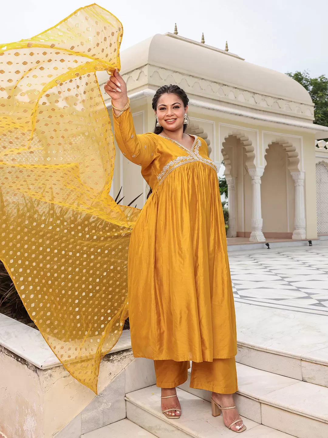 Mustard Chanderi Emabellished Kurta with Palazzo and Dupatta